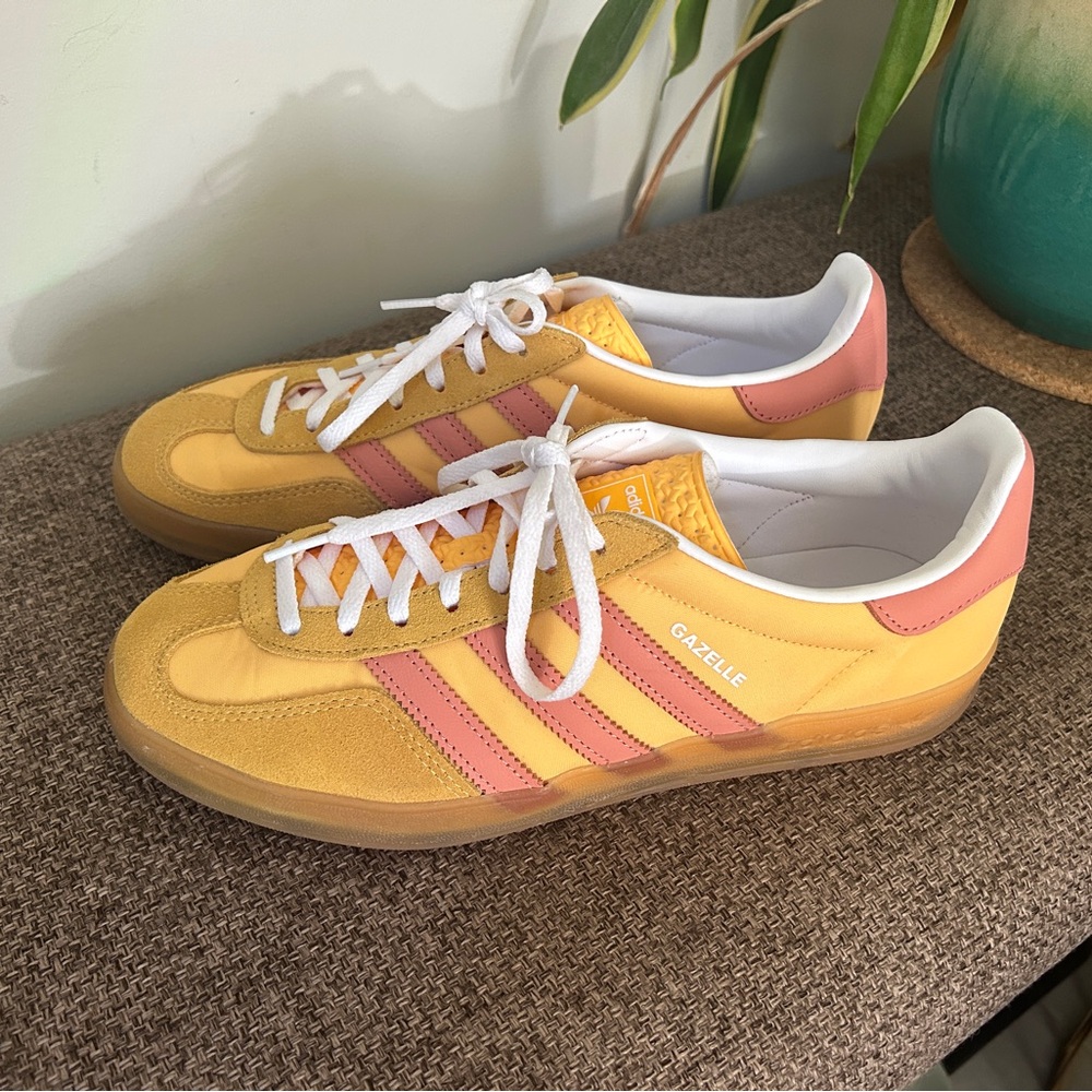 Pink and Yellow (light orange) Adidas Gazelles
